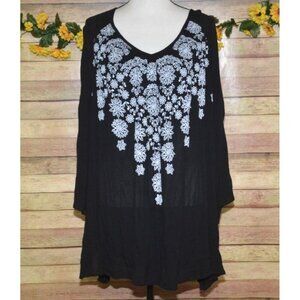 Catherines Black Tunic Top Plus Size 3X White Floral Print Open Shoulder Blouse